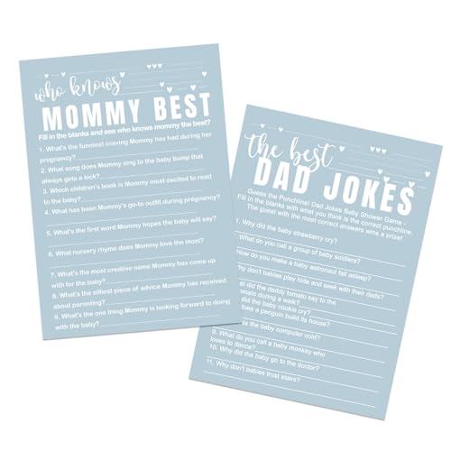 Blaues Babyparty-Spiel, 2-in-1-Bundle – "Who Knows Mommy Best & Dad Jokes Guessing Activity", 12,7 x 17,8 cm, doppelseitig, dicker 54,4 kg Karton, modern, minimalistisch, 25 Stück von Paper Clever Party