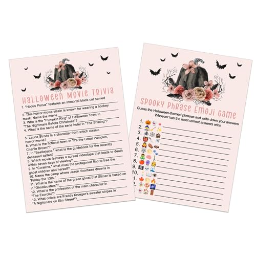 Gothic Pumpkin Halloween Party Game Bundle 2-in-1 Emoticon Gruselige Sätze & gruselige Film-Trivia - Perfekt für Gruppen, Hochzeit, Babypartys & Partys, doppelseitige Karten, Rosa und Schwarz, 25 von Paper Clever Party