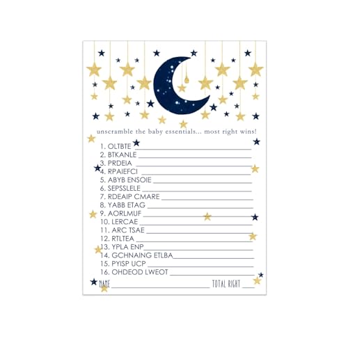 Twinkle Little Star Baby-Party-Wortspiel (25 Stück), marineblau und goldfarben von Paper Clever Party