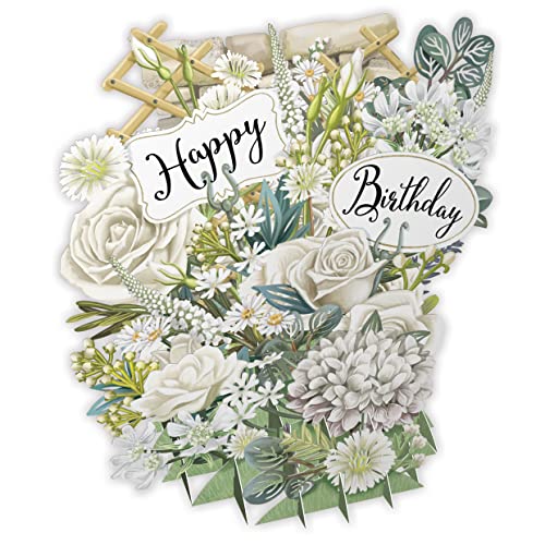 Paper D'Art - Weiße Blumen "Happy Birthday" 3D Pop-Up Karte - TW051 von Paper D'Art