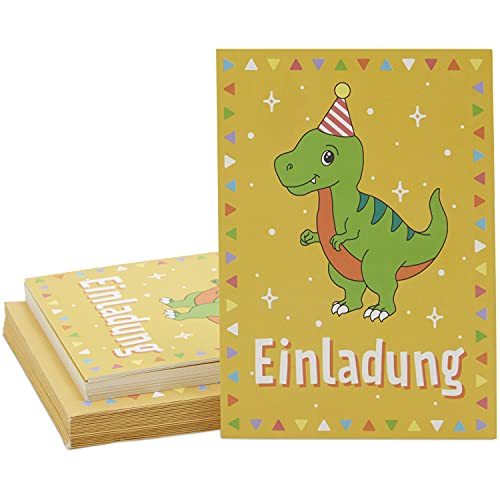 24 Stück Dinosaurier Einladungskarten zum Ausfüllen mit Gelben Umschlägen, Kindergeburtstag, Dino-Motiv, DIN A6 von Paper Junkie