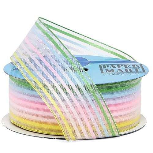 Paper Mart Durchsichtiges Band mit Pastellstreifen, 3,8 cm breit x 22,7 m langes, mehrfarbiges Drahtband, verschönern Sie Ihre Schleifen und Geschenkpapier von Paper Mart