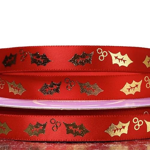 Weihnachtsband mit Stechpalmenmotiv, 0,95 cm x 22,7 m, Rot/Gold von Paper Mart