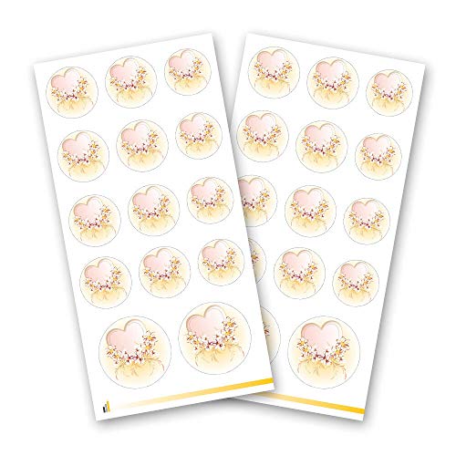 28 Blumen-Sticker, Motiv HERZ MIT ROSA BLÜTEN | 3 verschiedene Durchmesser | 2 Aufkleberbögen - insg. 28 Aufkleber | Paper-Media von Paper-Media