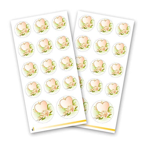 28 Blumen-Sticker, Motiv HERZ MIT SEEROSEN | 3 verschiedene Durchmesser | 2 Aufkleberbögen - insg. 28 Aufkleber | Paper-Media von Paper-Media