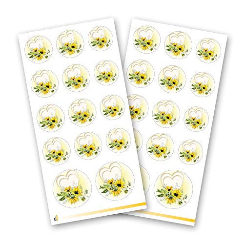 28 Blumen-Sticker, Motiv HERZ MIT SONNENBLUMEN | 3 verschiedene Durchmesser | 2 Aufkleberbögen - insg. 28 Aufkleber | Paper-Media von Paper-Media