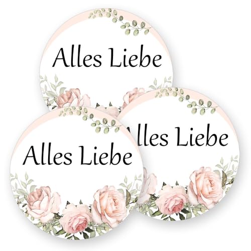 50 Aufkleber ALLES LIEBE - Blumenmotiv Rund Ø 4,5 cm, Besondere Anlässe Glückwünsche, Motiv-Sticker von Paper-Media