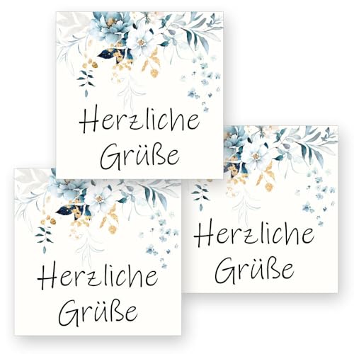 50 Aufkleber HERZLICHE GRÜßE - Blumenmotiv Quadrat 4 x 4 cm, Besondere Anlässe Grüße, Motiv-Sticker von Paper-Media