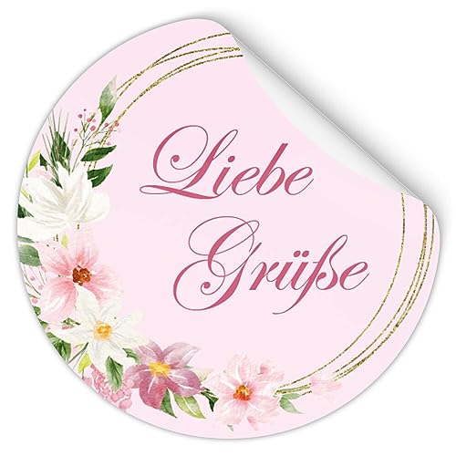 50 Aufkleber LIEBE GRÜßE - Blumenmotiv Rund Ø 4,5 cm, Besondere Anlässe Grüße, Motiv-Sticker von Paper-Media