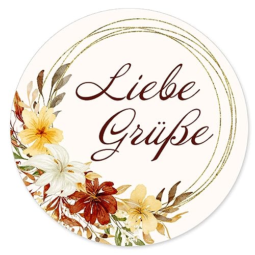 50 Aufkleber LIEBE GRÜßE - Blumenmotiv Rund Ø 4,5 cm, Besondere Anlässe Grüße, Motiv-Sticker von Paper-Media