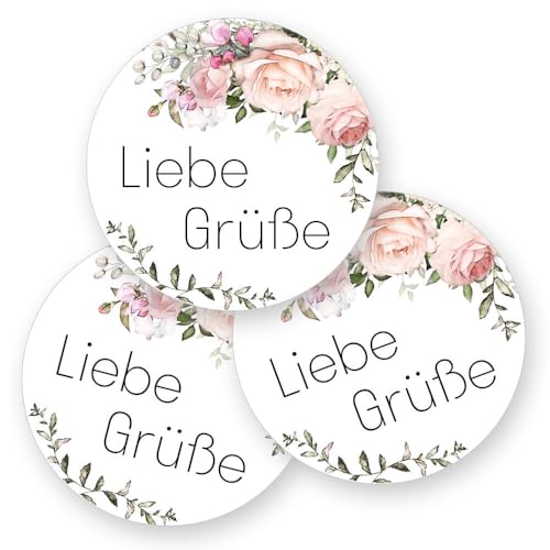 50 Aufkleber LIEBE GRÜßE - Blumenmotiv Rund Ø 4,5 cm, Besondere Anlässe Grüße, Motiv-Sticker von Paper-Media