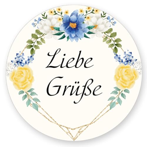 50 Aufkleber LIEBE GRÜßE - Blumenmotiv Rund Ø 4,5 cm, Besondere Anlässe Grüße, Motiv-Sticker von Paper-Media