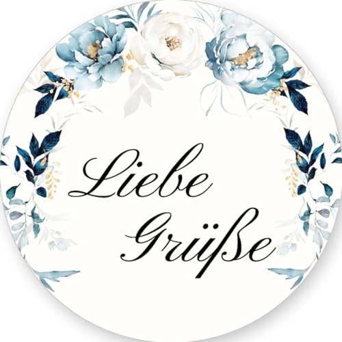 50 Aufkleber LIEBE GRÜßE - Blumenmotiv Rund Ø 4,5 cm, Besondere Anlässe Grüße, Motiv-Sticker von Paper-Media