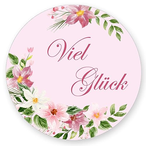 50 Aufkleber VIEL GLÜCK - Blumenmotiv Rund Ø 4,5 cm, Besondere Anlässe Glückwünsche, Motiv-Sticker von Paper-Media