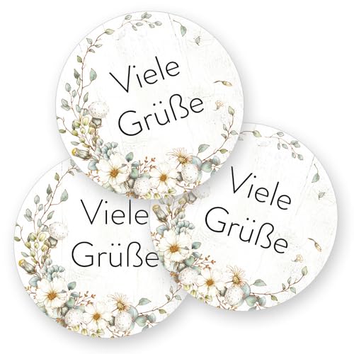 50 Aufkleber VIELE GRÜßE - Blumenmotiv Rund Ø 4,5 cm, Besondere Anlässe, Motiv-Sticker von Paper-Media