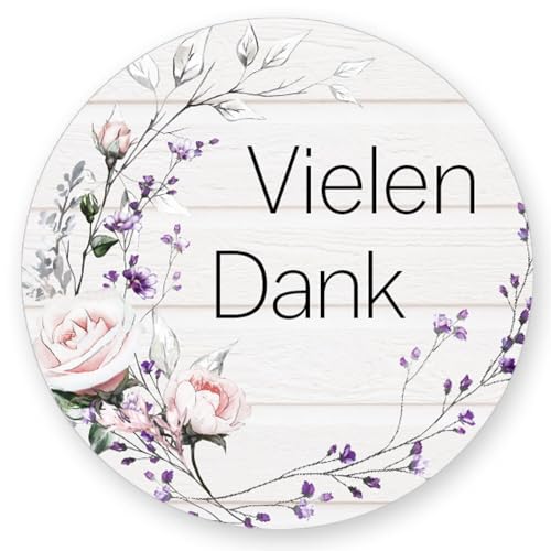 50 Aufkleber VIELEN DANK - Blumenmotiv Rund Ø 4,5 cm, Besondere Anlässe Danksagung, Motiv-Sticker von Paper-Media