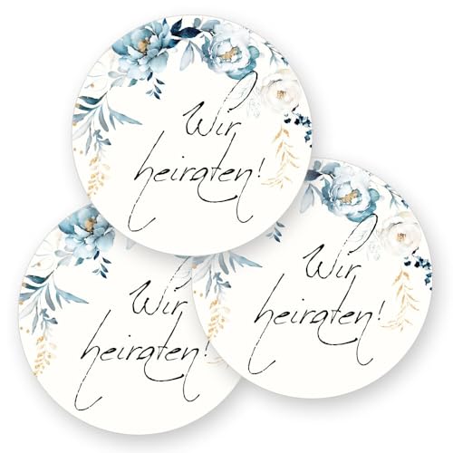 50 Aufkleber WIR HEIRATEN - Blumenmotiv Rund Ø 4,5 cm, Besondere Anlässe Hochzeit, Motiv-Sticker von Paper-Media