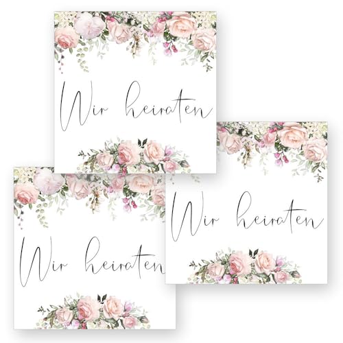 50 Aufkleber WIR HEIRATEN - Rosenmotiv Quadrat 4 x 4 cm, Besondere Anlässe Hochzeit, Motiv-Sticker von Paper-Media