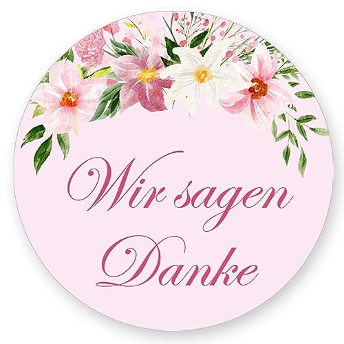 50 Aufkleber WIR SAGEN DANKE - Blumenmotiv Rund Ø 4,5 cm, Besondere Anlässe Danksagung, Motiv-Sticker von Paper-Media