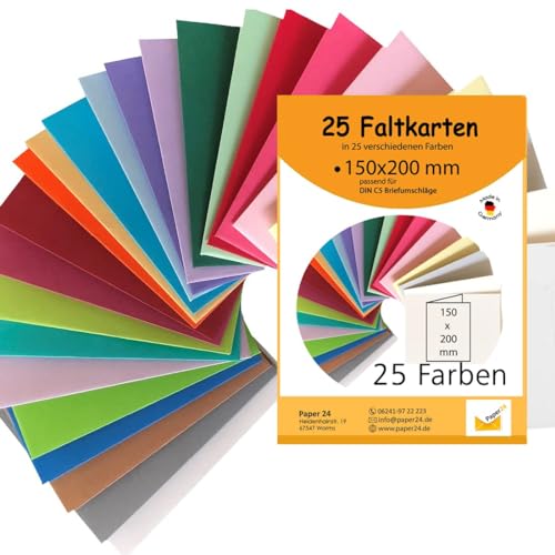 Paper24 25 Klappkarten bunt blanko Karten Faltkarten A5 in 25 Farben als Kartenset bunt, ideal zum Basteln, zu Weihnachten oder als Geschenkidee passend für C5 Umschläge von Paper24