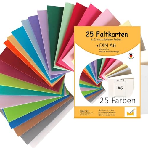 Paper24 25 Klappkarten bunt blanko Karten Faltkarten A6 in 25 Farben als Kartenset bunt, ideal zum Basteln, zu Weihnachten oder als Geschenkidee passend für C6 Umschläge von Paper24