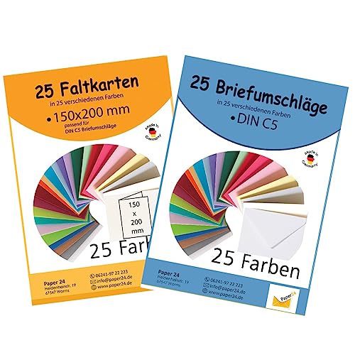 25 bunte Briefumschläge DIN C5 in 25 unterschiedlichen Farben als Set inkl. 25 A5 Klappkarten von Paper24