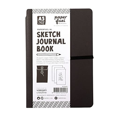 Paperfuel Journal Notebook, Art Notizbuch mit 48 Seiten, DIN A5, g/m², für das Tägliche Stempel, Journaling, Handlettering, Scrapbooking oder andere Bastelprojekte, Schwarze Briefumschlag von Paperfuel