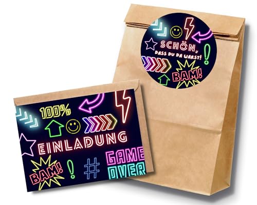 10 Neon Lasertag Einladungskarten und Gastgeschenktüten für Lasertag Geburtstag, Geburtstagsset mit Gaming Einladung und Mitgebseltüten für Jungen Geburtstag, Inkl. Umschläge und Stickern von Paperlane by Essi