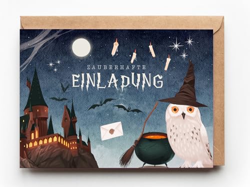 10 Zauberlehrling Einladungskarten Kindergeburtstag, magische Zauberschule Geburtstagsparty Einladunge, Wizard Harry Party Einaldung Mottoparty, Zauberer Filmabend (10er-Set Einaldungskarten) von Paperlane by Essi