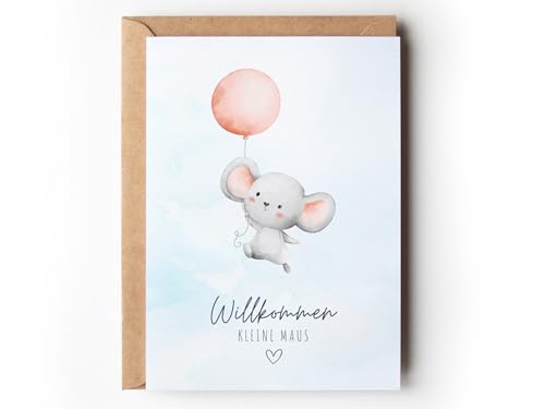 Glückwunschkarte zur Geburt Baby Maus Mädchen, Grußkarte "Willkommen kleine Maus" Aquarell, Ballon Baby Karte A6 mit Umschlag, Willkommenskarte Geld Geschenk Patenkind (Klappkarte mit Umschlag) von Paperlane by Essi