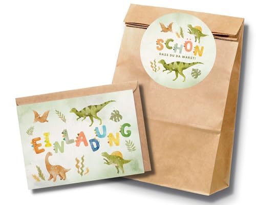 Paperlane by Essi 10 Dino Einladungskarten und Gastgeschenkkarten, Dinusaurier Einladungen und Mitgebseltüten für Jungen und Mädchen, Dinosaurier Geburtstag Set mit Umschlägen und Tüten von Paperlane by Essi