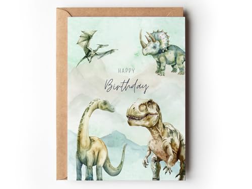 Paperlane by Essi Dino Geburtstagskarte für Kinder, coole Dinosaurier Glückwunschkarte DIN A6 für Jungen, Grußkarte T-Rex Aquarell Kindergeburtstag (1 Klappkarte mit Umschlag) von Paperlane by Essi