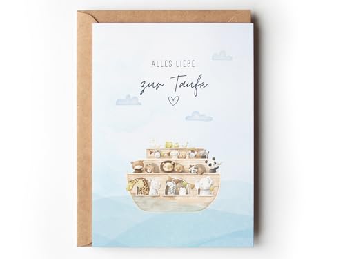 Paperlane by Essi Taufe Glückwunschkarte Baby Kind Arche A6, Geschenk Taufkarte Junge Mädchen Aquarell, blau Grußkarte heilige Taufe Unisex Geldgeschenk Patenkind (1 Klappkarte mit Umschlag) von Paperlane by Essi