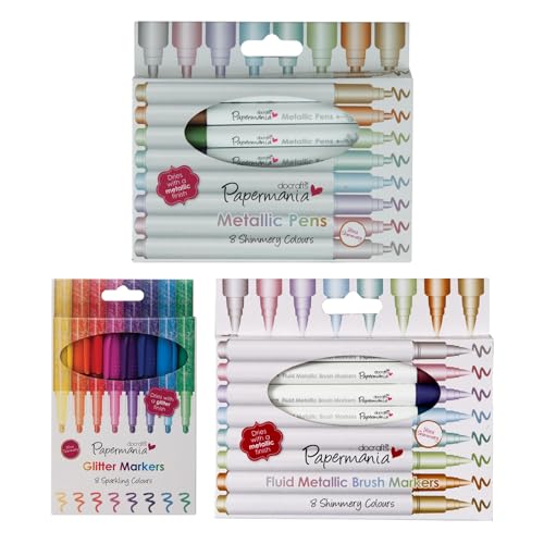 Docrafts Papermaina Marker-Bündel, 1 Packung mit 8 metallischen Rundspitzen, 1 Packung Metallic-Pinselspitzen, 1 Packung mit 8 Glitzer-Markern für Kritzeleien, Bordüren, Muster, Bastelprojekte von Papermania