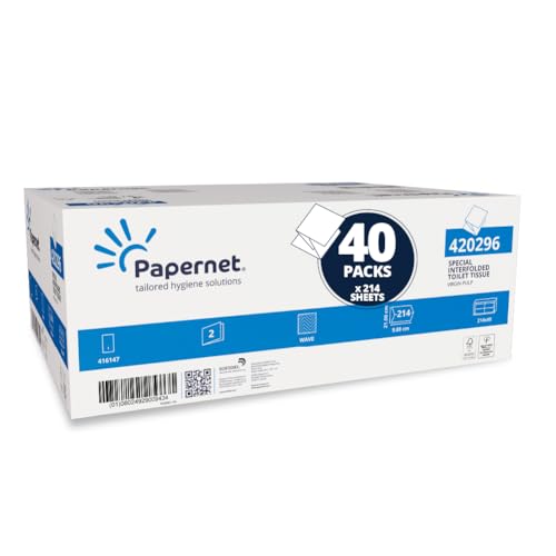 Papernet - Gefaltetes Toilettenpapier 420296, hergestellt aus reiner Zellulose, zwei Lagen, 8.560 Dienste, 214 Dienste pro Clip, Dienstgröße 21x9,8 cm von Papernet