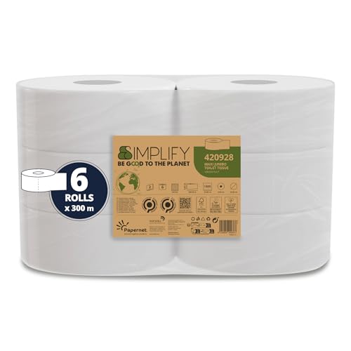 Papernet Simplify 420928 Toilettenpapier Maxi Jumbo, Carbon Neutral, 6 Rollen reines Zellulosepapier je 300 m, 2-lagig, 7.830 Servietten, 8,6 x 23 cm von Papernet