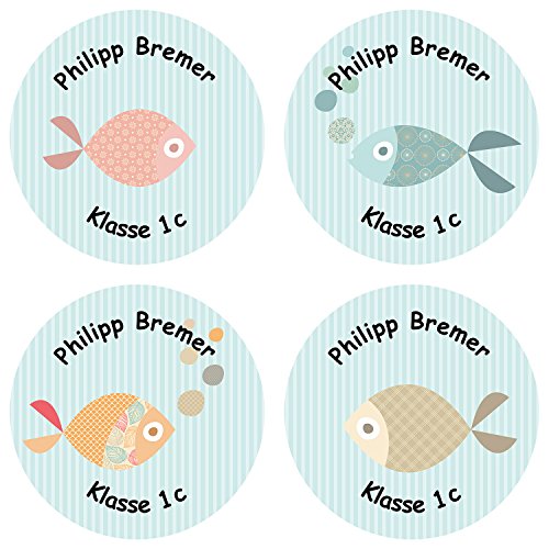 Papierdrachen 24 individuelle Aufkleber für Kinder - Motiv Fische - personalisierte Sticker - Schule Einschulung von Papierdrachen