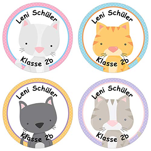 Papierdrachen 24 individuelle Aufkleber für Kinder - Motiv Katzen - personalisierte Sticker - Perfekt zur Einschulung - Geschenk für die Schule - Namensaufkleber und Schulbuchetiketten von Papierdrachen