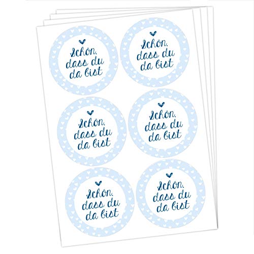 24 runde Sticker zu Taufe und Kommunion - Aufkleber zur Dekoration von Gastgeschenken - Schön dass du da bist (blau) Set 6 von Papierdrachen