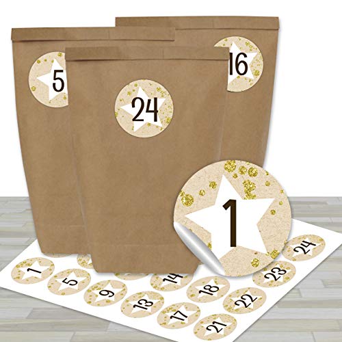 Papierdrachen Adventskalender zum Befüllen - mit 24 braunen Papiertüten und 24 beigen Aufklebern - zum Selbermachen und Basteln - Mini Set Nr 18 - Weihnachtskalender für Kinder von Papierdrachen