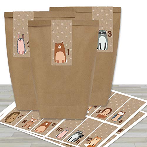 Papierdrachen Adventskalender zum Befüllen - mit 24 braunen Papiertüten und 24 Waldtier- Aufklebern - zum Selbermachen und Basteln - Mini Set Nr 34 - Weihnachtskalender für Kinder von Papierdrachen