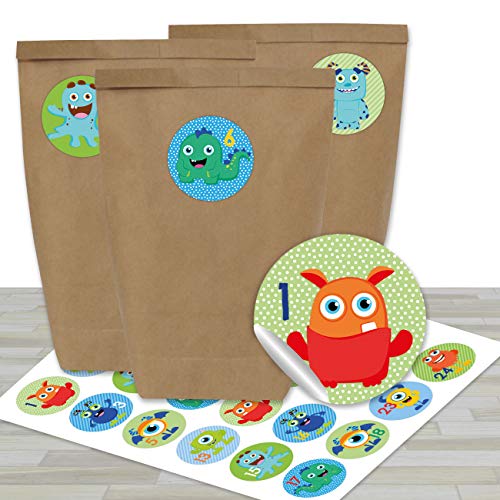 Papierdrachen Adventskalender zum Befüllen - mit 24 braunen Papiertüten und 24 bunten Monster- Aufklebern - zum Selbermachen und Basteln - Mini Set Nr 29 - Weihnachtskalender für Kinder von Papierdrachen