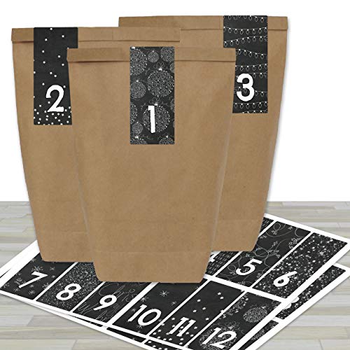 Papierdrachen Adventskalender zum Befüllen - mit 24 braunen Papiertüten und 24 schwarz-weißen Aufklebern - zum Selbermachen und Basteln - Mini Set Nr 33 - Weihnachtskalender für Kinder von Papierdrachen