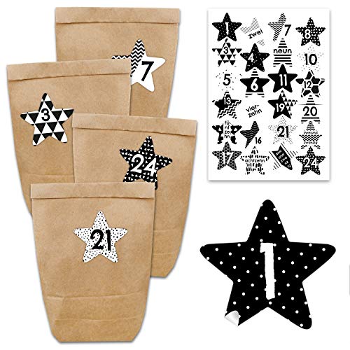 Papierdrachen Adventskalender zum Befüllen - mit 24 braunen Papiertüten und 24 schwarz-weißen Aufklebern - zum Selbermachen und Basteln - Mini Set Nr 40 - Weihnachtskalender für Kinder von Papierdrachen