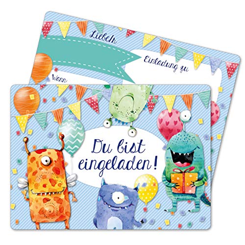 Papierdrachen 12 Einladungskarten zum Geburtstag für Kinder - Motiv Monster - Geburtstagseinladungen für deine Geburtstagsparty (DIN A6 mit abgerundeten Ecken) von Papierdrachen