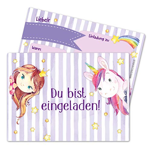 Papierdrachen 12 Einladungskarten zum Kindergeburtstag für Mädchen - Motiv Fee und Einhorn - Geburtstagseinladungen für deine Geburtstagsparty (DIN A6) von Papierdrachen