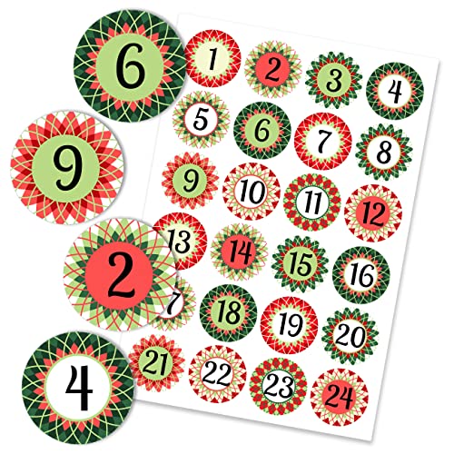 Papierdrachen 24 Adventskalender Zahlen Sticker - rot grüne Sterne Nr 17 - Aufkleber 4 cm - zum Basteln und Dekorieren von Papierdrachen