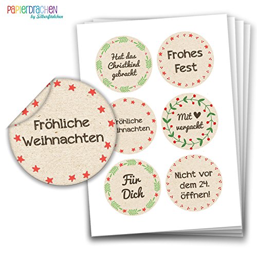 Papierdrachen 24 Weihnachtssticker - Aufkleber Motiv Fröhliche Weihnachten auf Papierbasis - 40 mm - ideale Deko für Geschenke zu Weihnachten - Weihnachtsdeko und Weihnachtspost von Papierdrachen