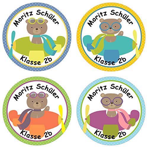 Papierdrachen 24 individuelle Aufkleber für Kinder - Motiv Flugzeug - personalisierte Sticker - Perfekt zur Einschulung - Geschenk für die Schule - Namensaufkleber und Schulbuchetiketten von Papierdrachen