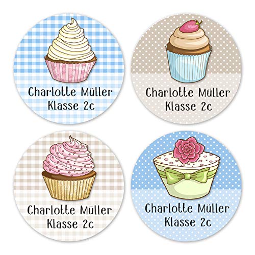 Papierdrachen 24 individuelle Namensaufkleber zum Markieren von Heften und Schul-Büchern - Cupcakes - personalisierte Sticker für Kinder - Geschenk zur Einschulung - Schulbuchetiketten von Papierdrachen